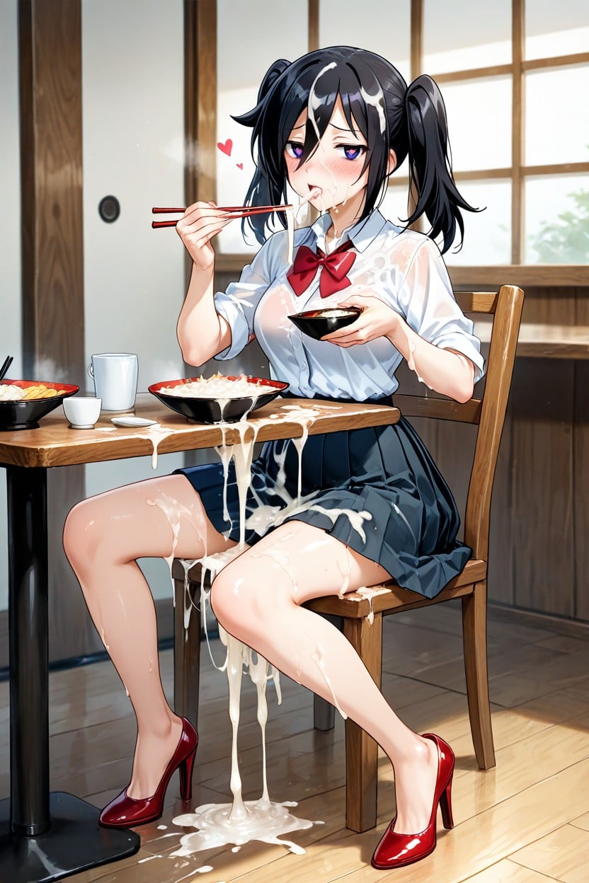 Small Breasts, Blouse With Red Bow Tie, Chair Hentai AI Porn