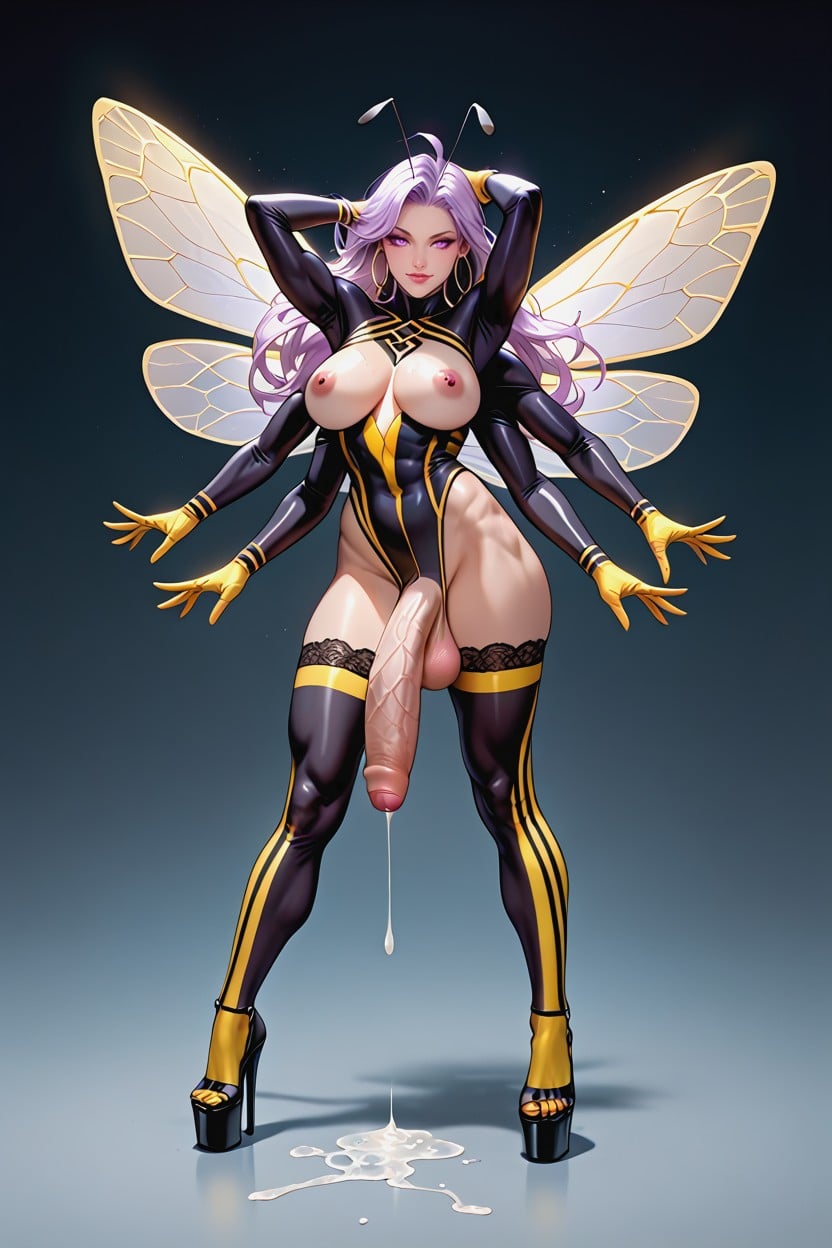 Cum Dripping From Cock, Beautiful Human Face, Large Bee Wings Shemale AI Porn