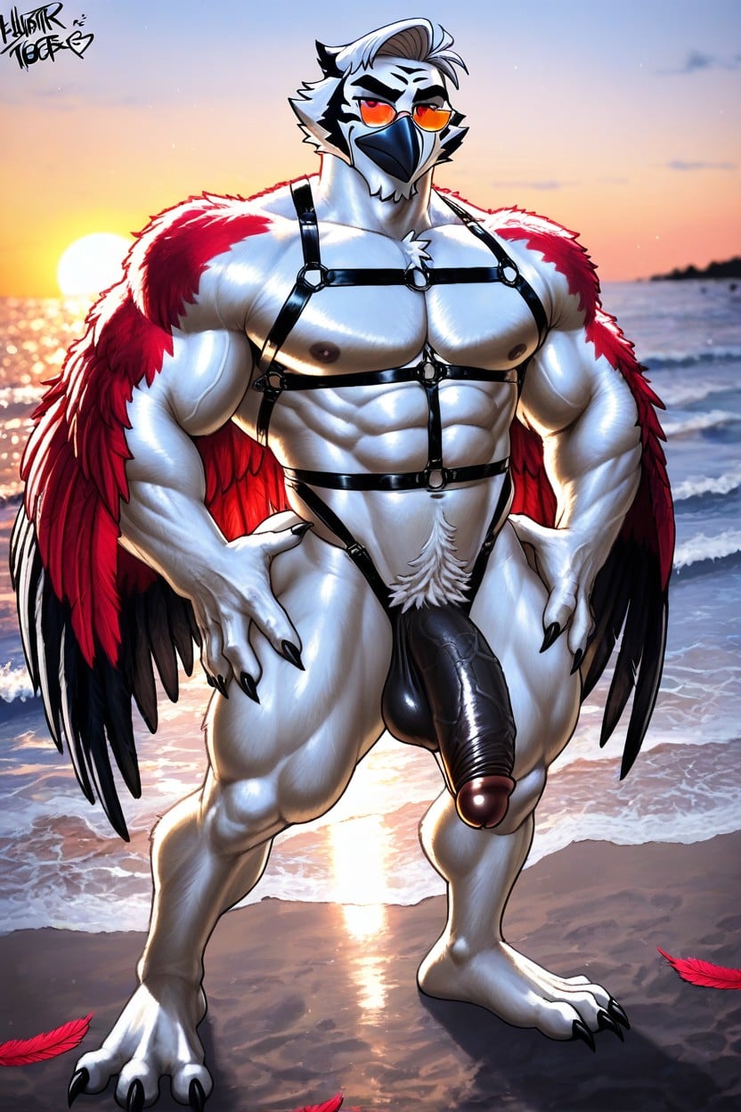 Naked Anthro Body Fully Covered In Red Feathers, Bondage Outfit, Massive Ass AI Gay Porn