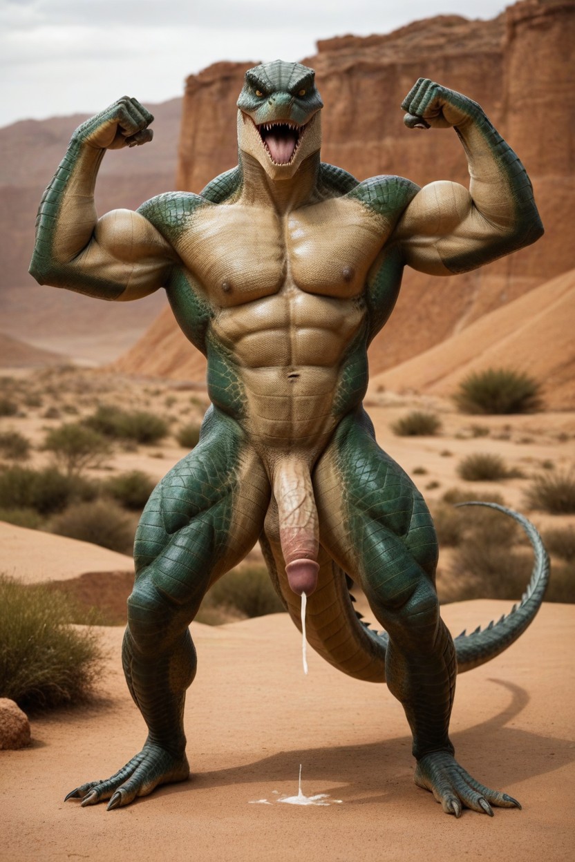 Ridged And Veined Shaft Covered In Fine Glistening Scales, Wide Mouth With Sharp Jagged Teeth Rows, Lizardmen AI Gay Porn