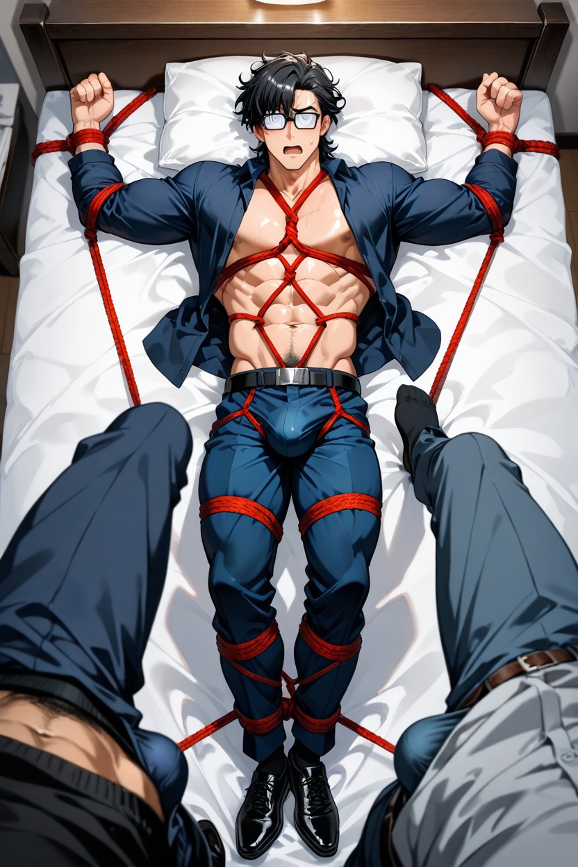 Black Hair, Arms Behind Back, Long Sleeve Shirt Open To Reveal Body AI Gay Porn