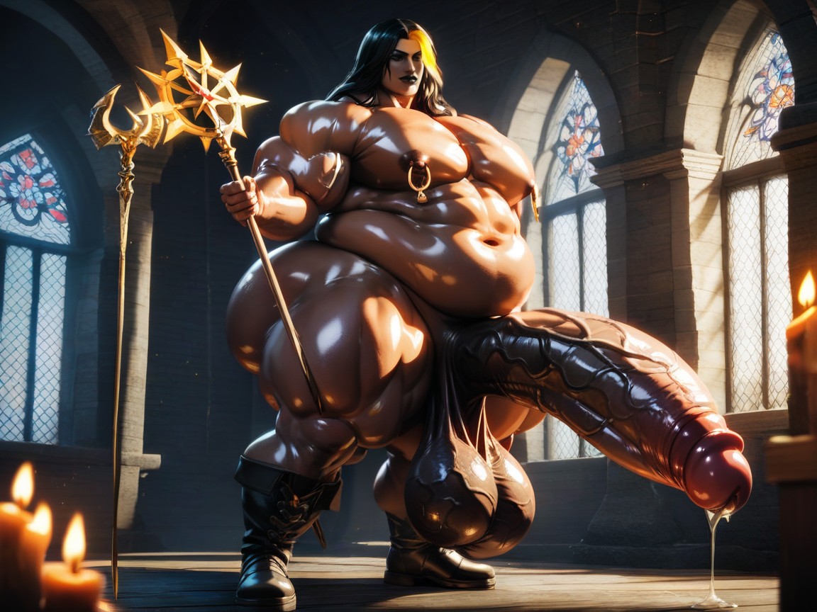 Hyper Pecs, Black Hair With Yellow Highlights, Burning Torches AI Gay Porn