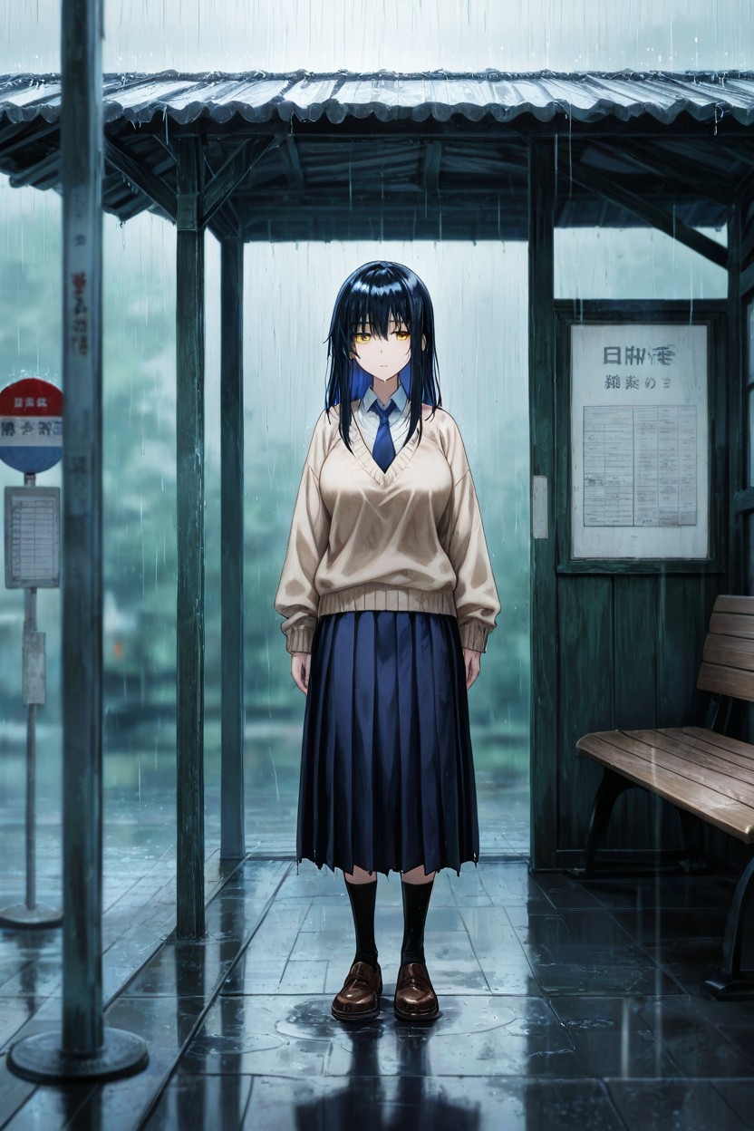 Blue And White Tie, Wearing Oversized Light Brown Sweater, Melancholy Mood Hentai IA