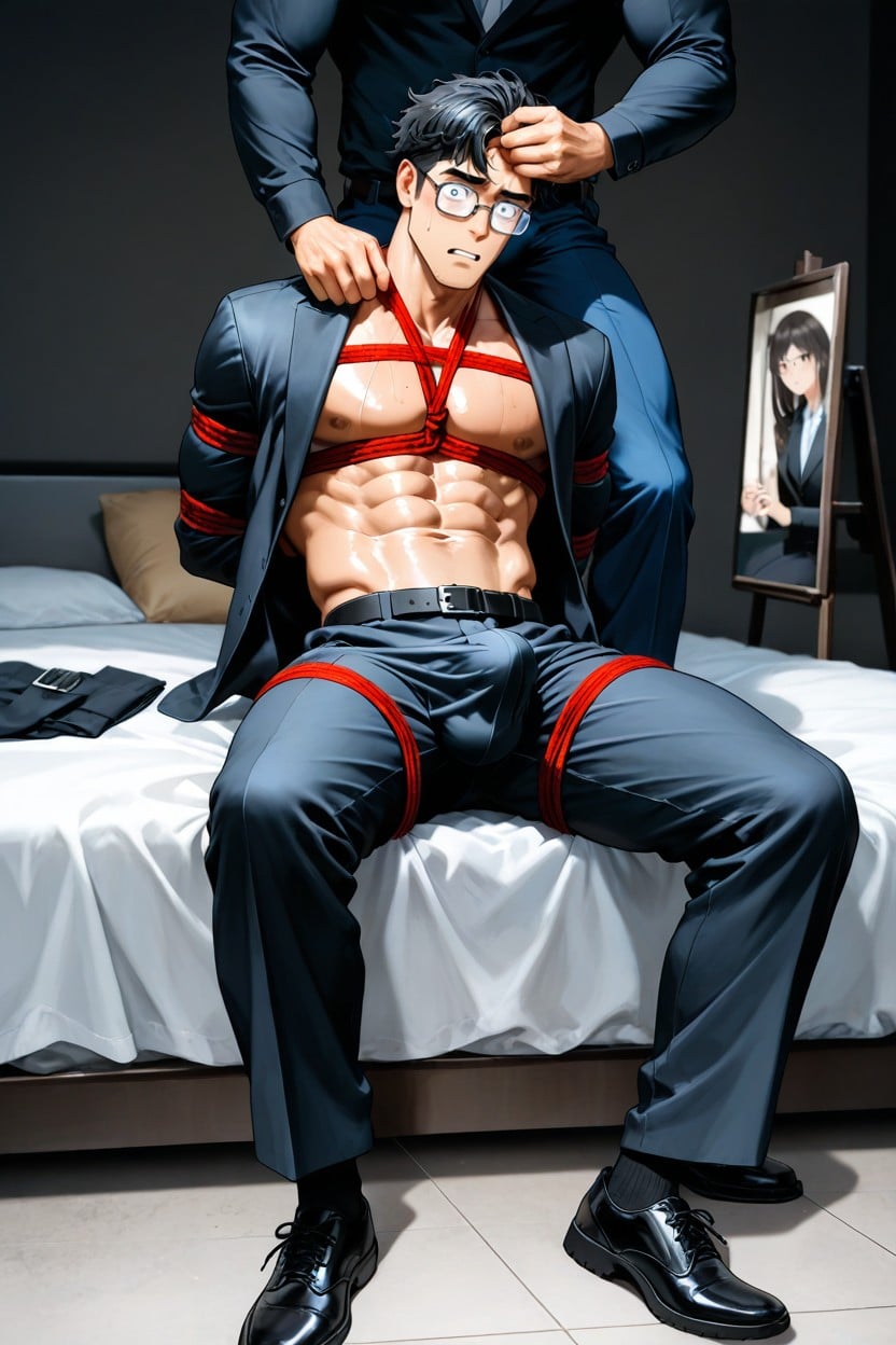 Groin Bondage Accentuates, Bangs Slightly Swept To The Sides, Long Bangs Hanging Down To The Forehead AI Gay Porn