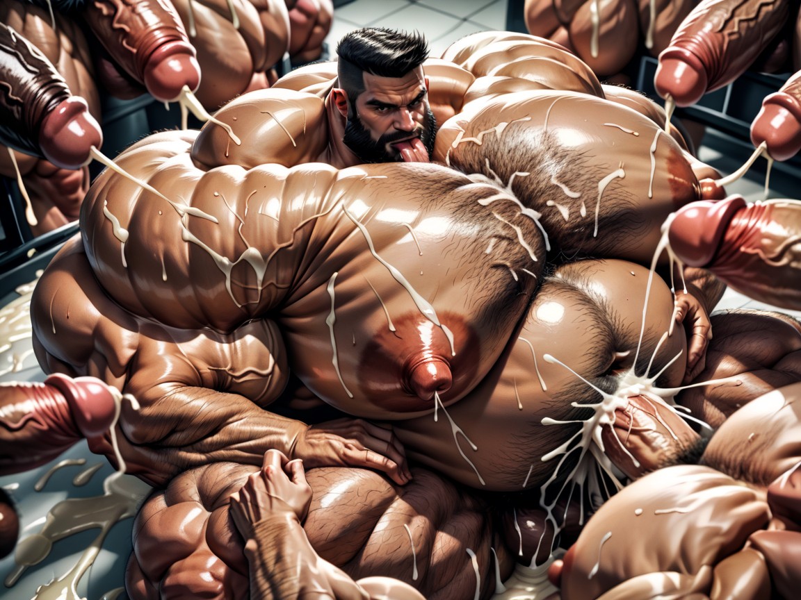 Mouth Agape, Massive Muscles, Black Hair AI Gay Porn