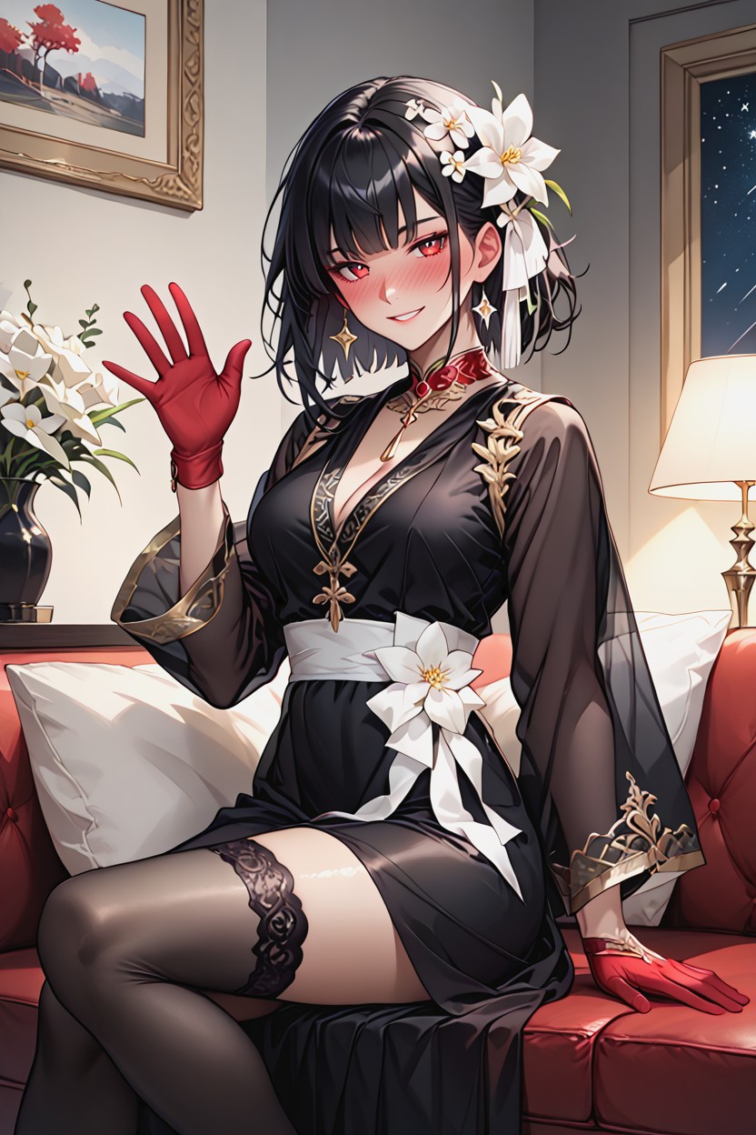Sheer Black Stockings, Smiling Mouth Open, Oiled Skin Hentai AI Porn