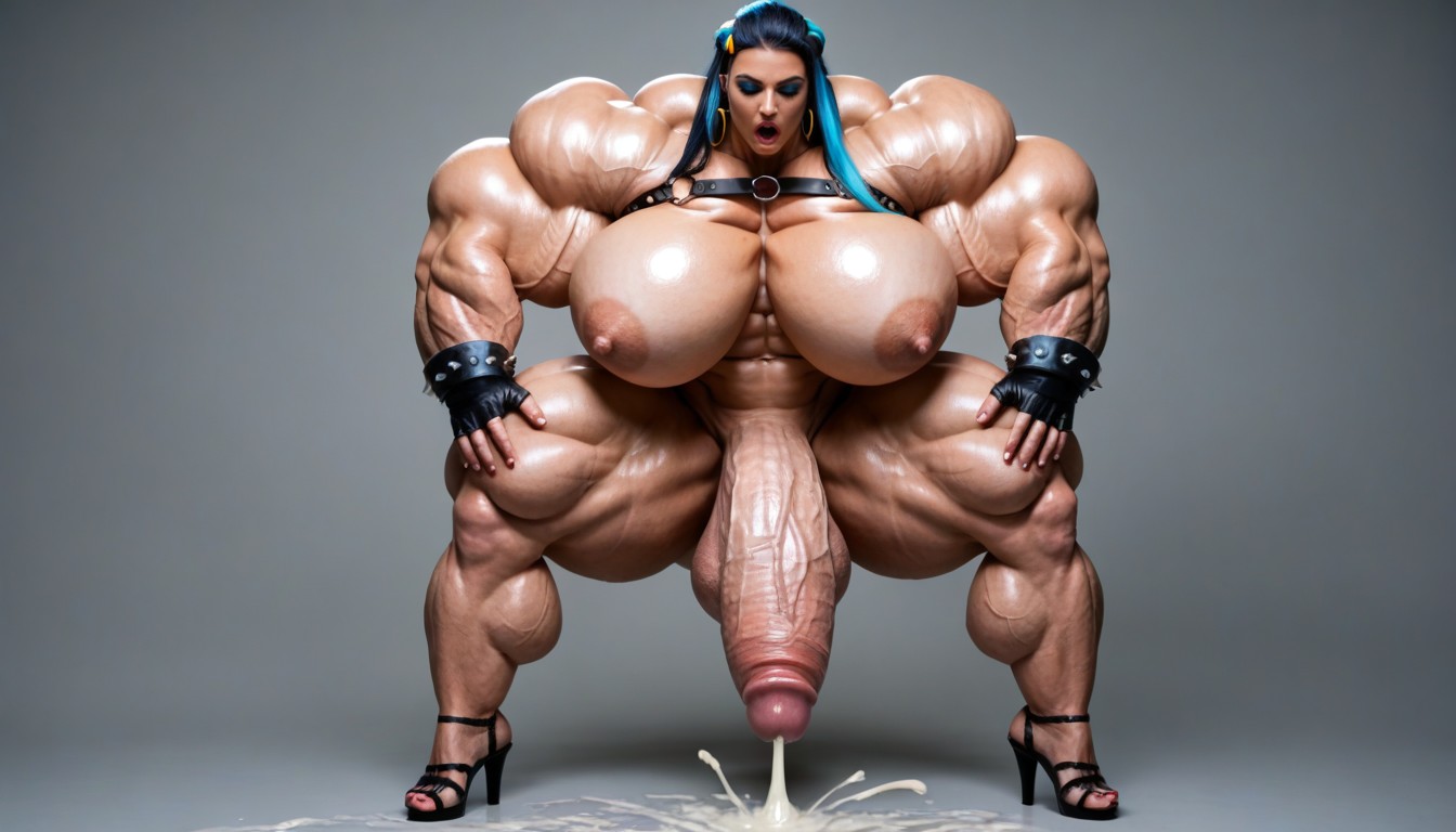 Thick Muscular Neck, Hyper Gigantic Penis, Grey Background Shemale AI Porn