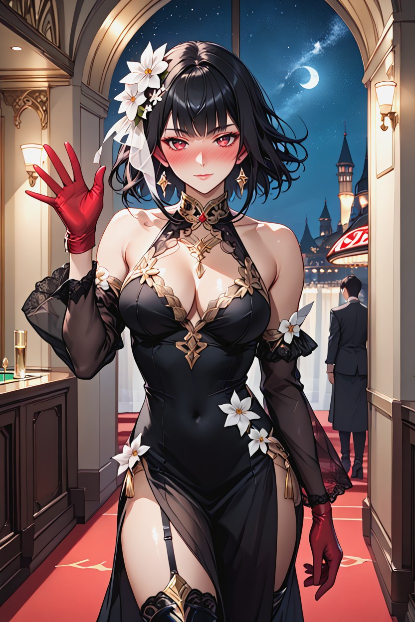 Standing, Medium Breasts, Red Gloves Hentai AI Porn
