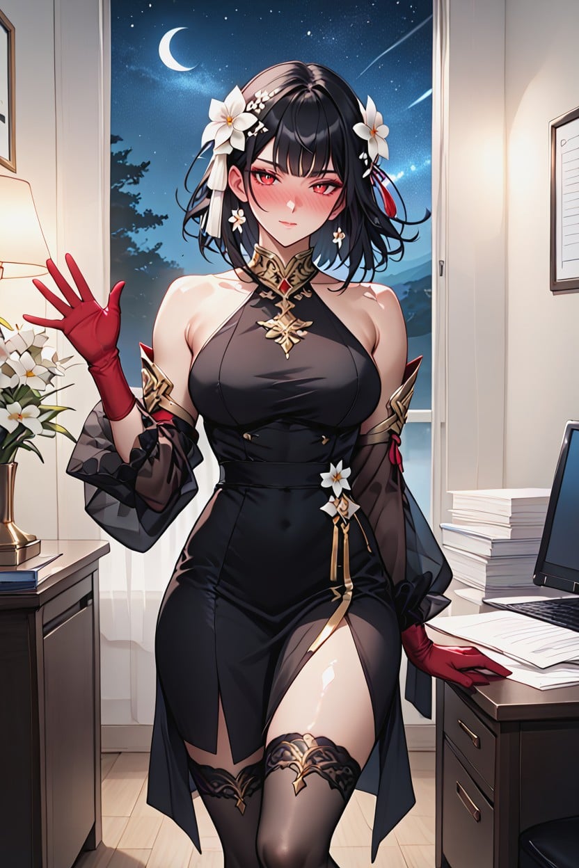 Sheer Black Stockings, Red Heeled Boots, Short Length Hentai AI Porn