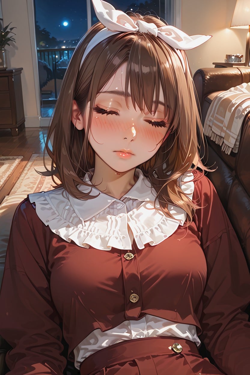 Detailed Hair, Brown Cozy Living Room, Perfect Skin Hentai AI Porn