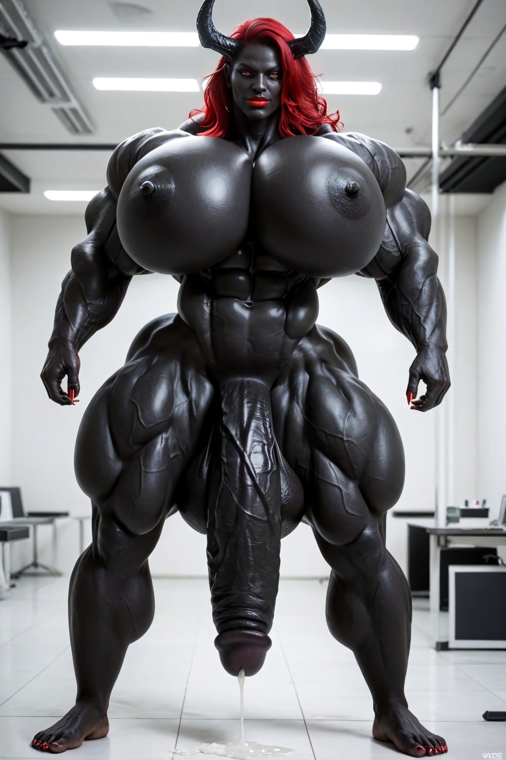 Red Eyes, Muscular Thighs, Head Touching The Ceiling Shemale AI Porn