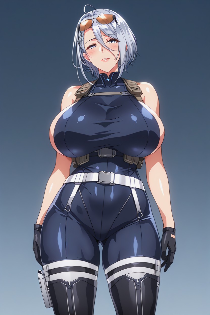There Are Many Tactical Straps On The Front Of Her Suit, Black Gloves, Short Length Hentai AI Porn