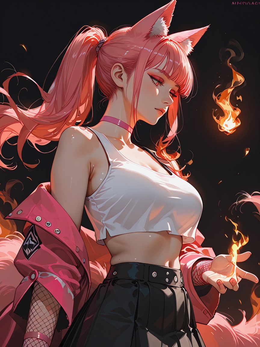 Fishnet Thighs, One Shoulder Exposed, Kitsune Hentai AI Porn