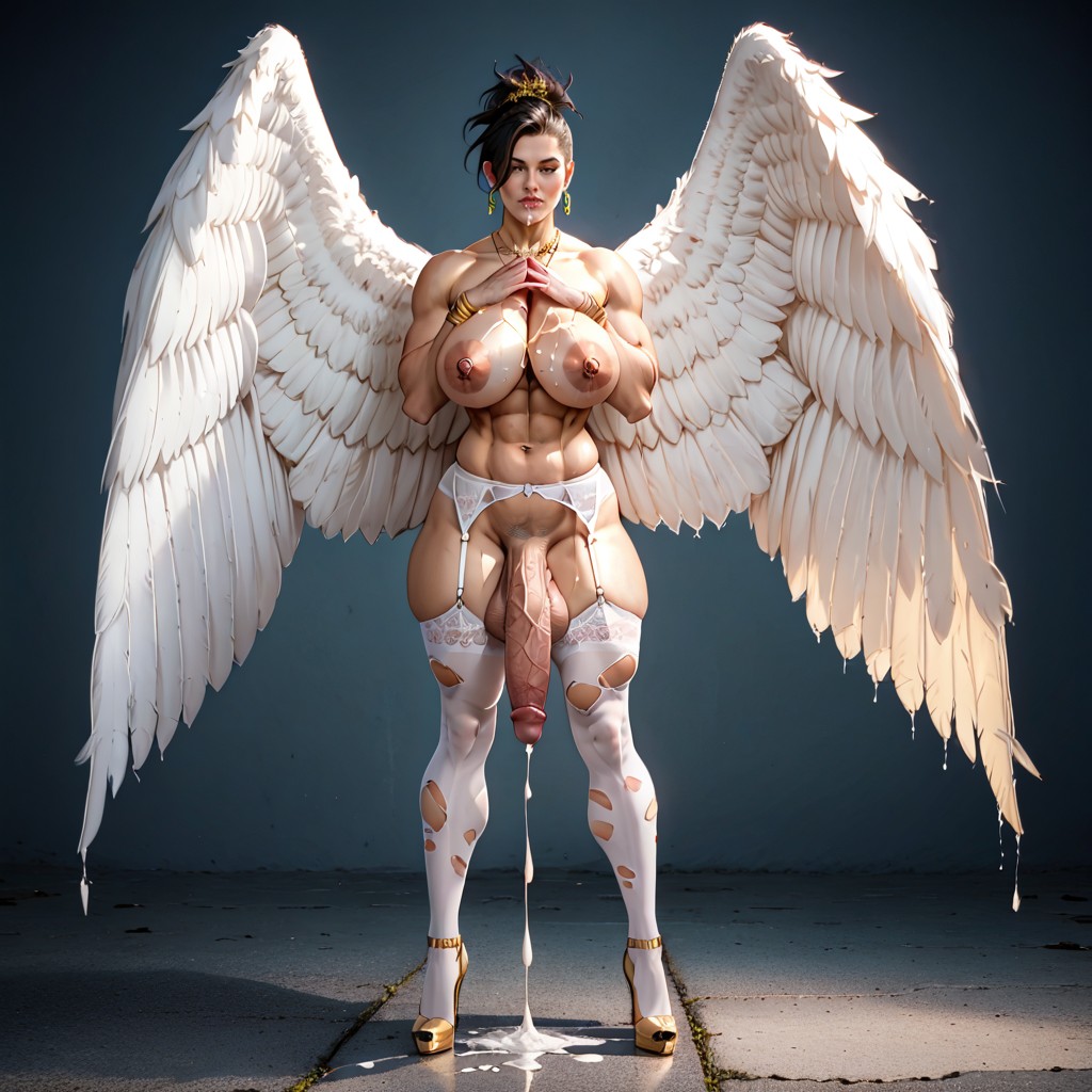 Full Body, Flaccid Cock, Hyper Big Angelwings Shemale AI Porn