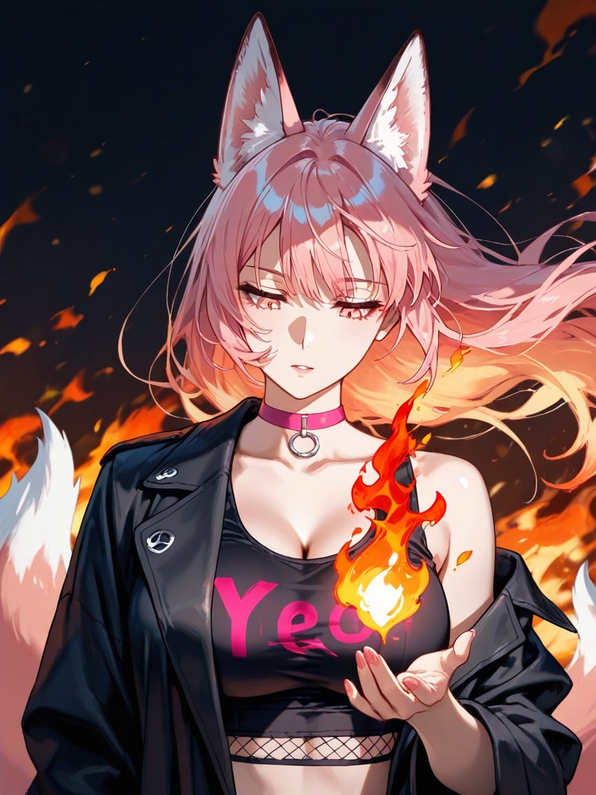 Looking Down At Hand, Pinkish Orange Flameball In Hand, Kitsune Hentai AI Porn