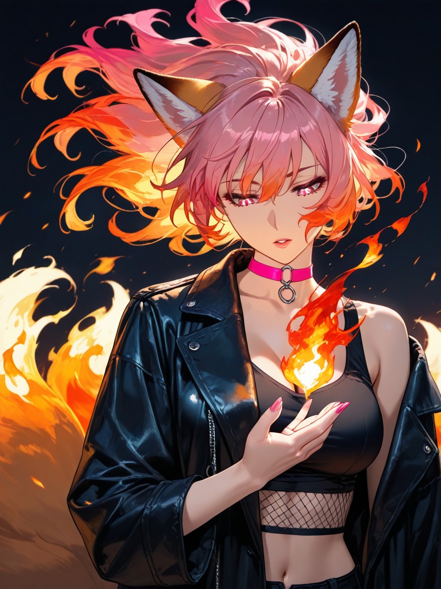 Pink Choker, Pinkish Orange Flameball In Hand, Tails And Ears Large Fire Surrounding Hentai AI Porn