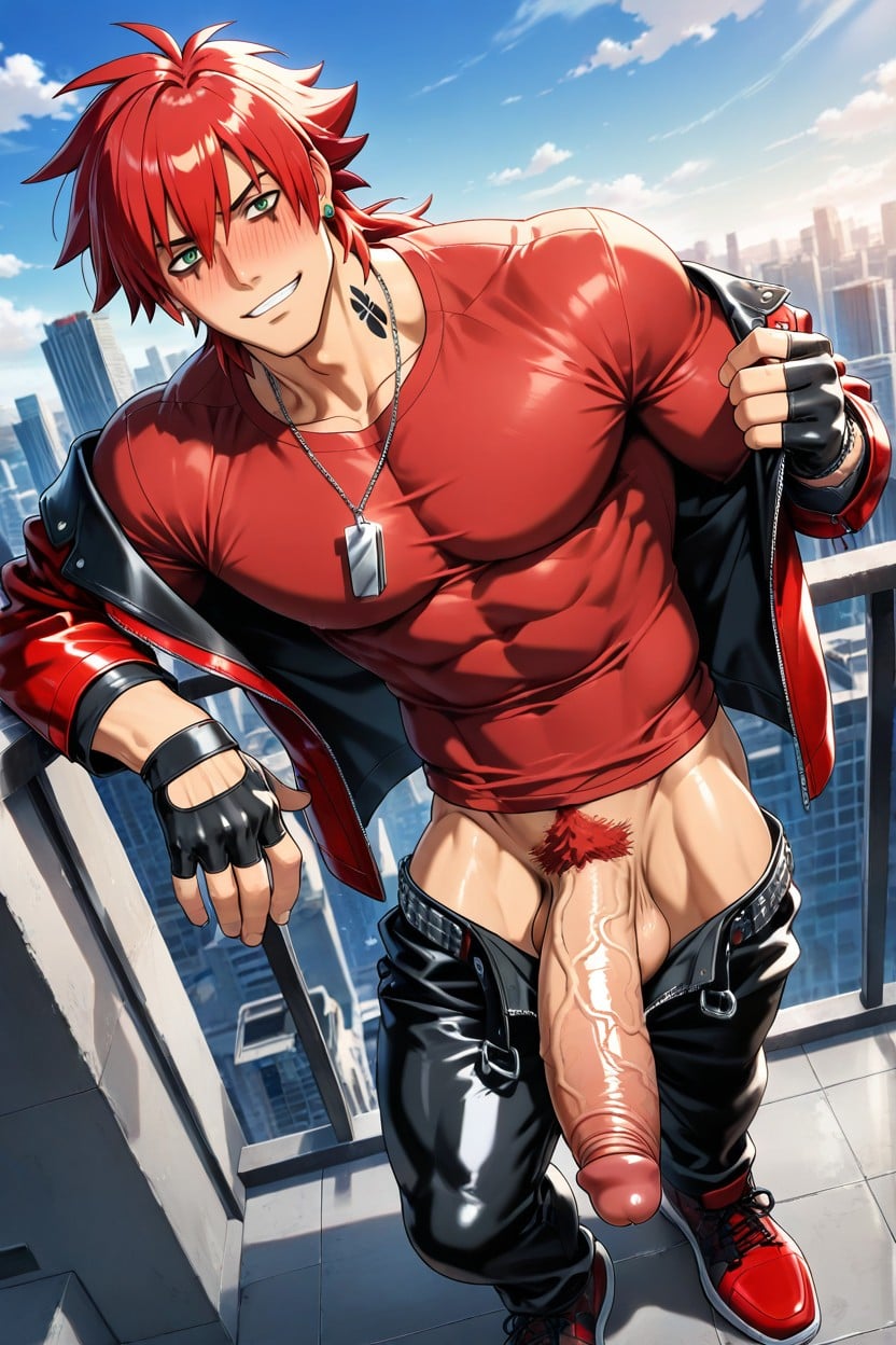 Flaccid, Black Leather Pants Down, Open Clothes 게이 AI 포르노
