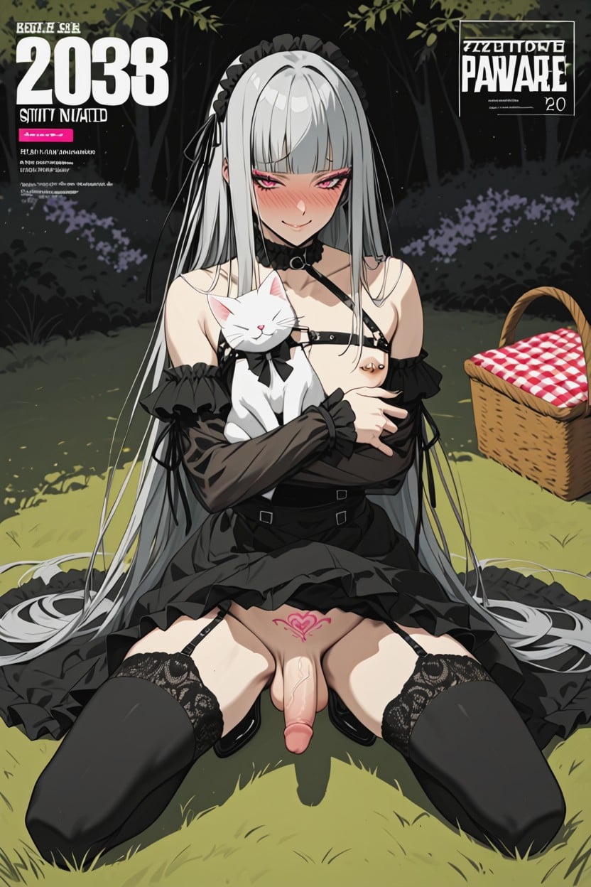 Kneeling, Full Body, Detached Black See-through Sleeves Shemale AI Porn