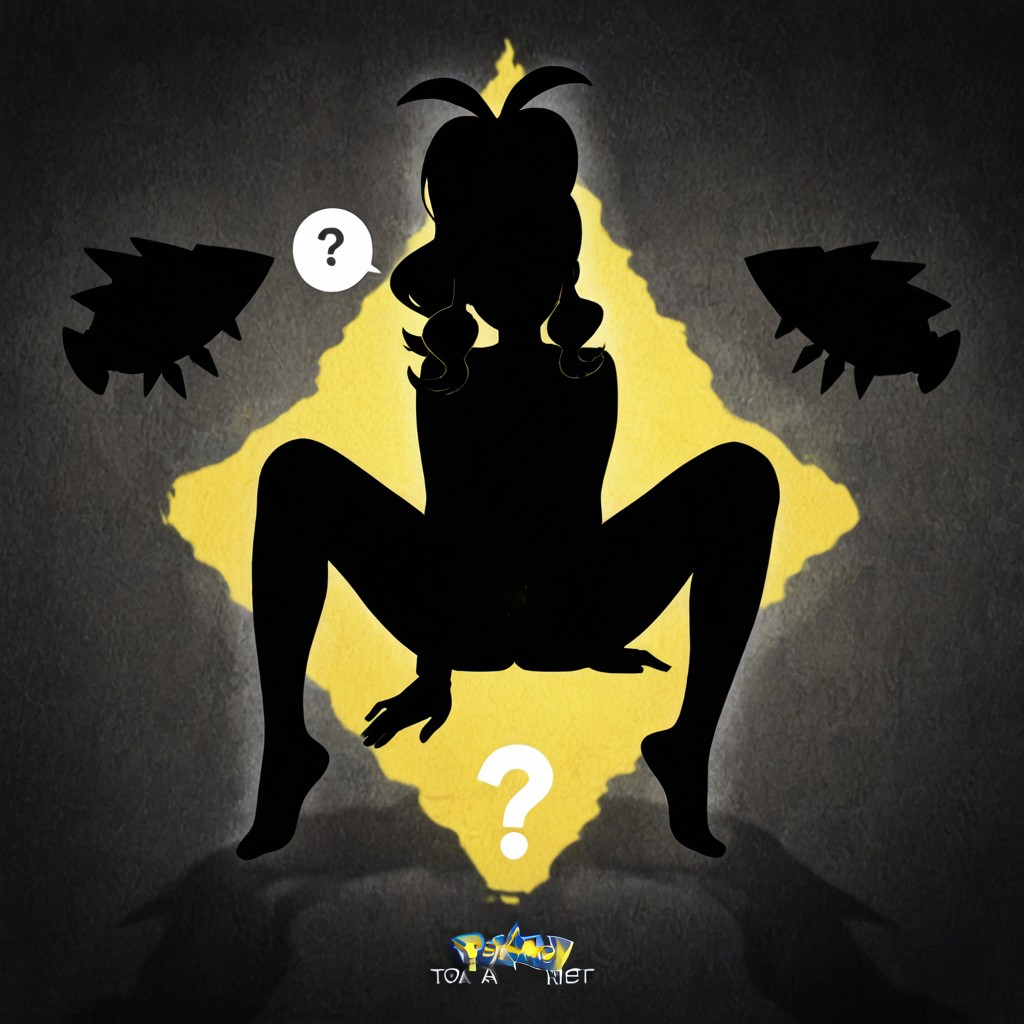 Sitting Down Legs Spread, A Gigantic Yellow Question Mark To The Right, Hard Shadow AI Porn