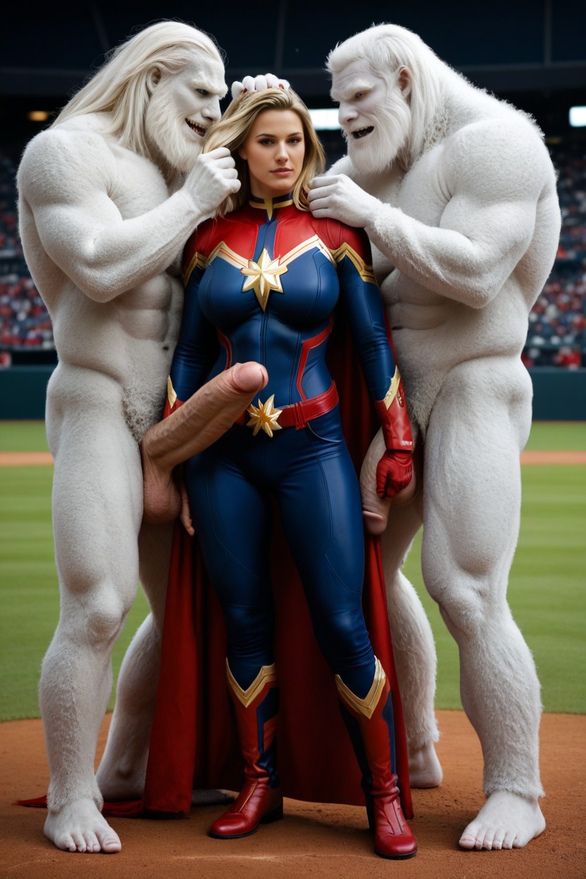 Giant Hairy Yeti Monster Holding His Super-large Penis, Captain Marvel, Blurred Background Porno IA