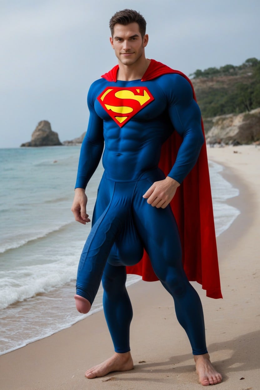 Man Smirking, Red Cape, Superman's Tights With Huge Hyper Cock Bulge Hanging To His Ankles 게이 AI 포르노