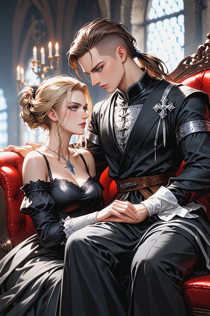 Lace Sleeves, Her Hand Resting On His Knee, Intimate Dominance Hentai AI Porn