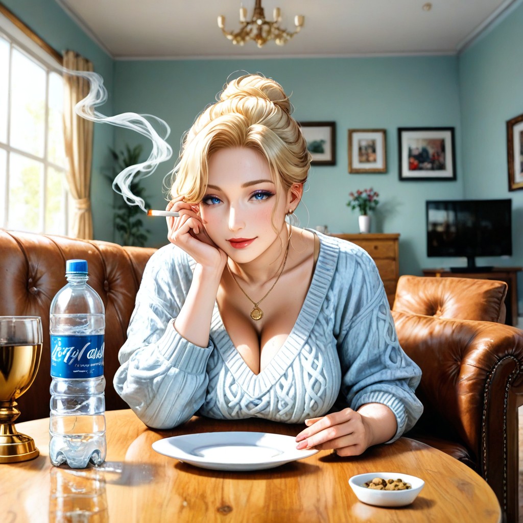 A Blue Pack Of Cigarettes, Sunlight Comes Trough From The Window, A Plastic Water Bottle AI Porn