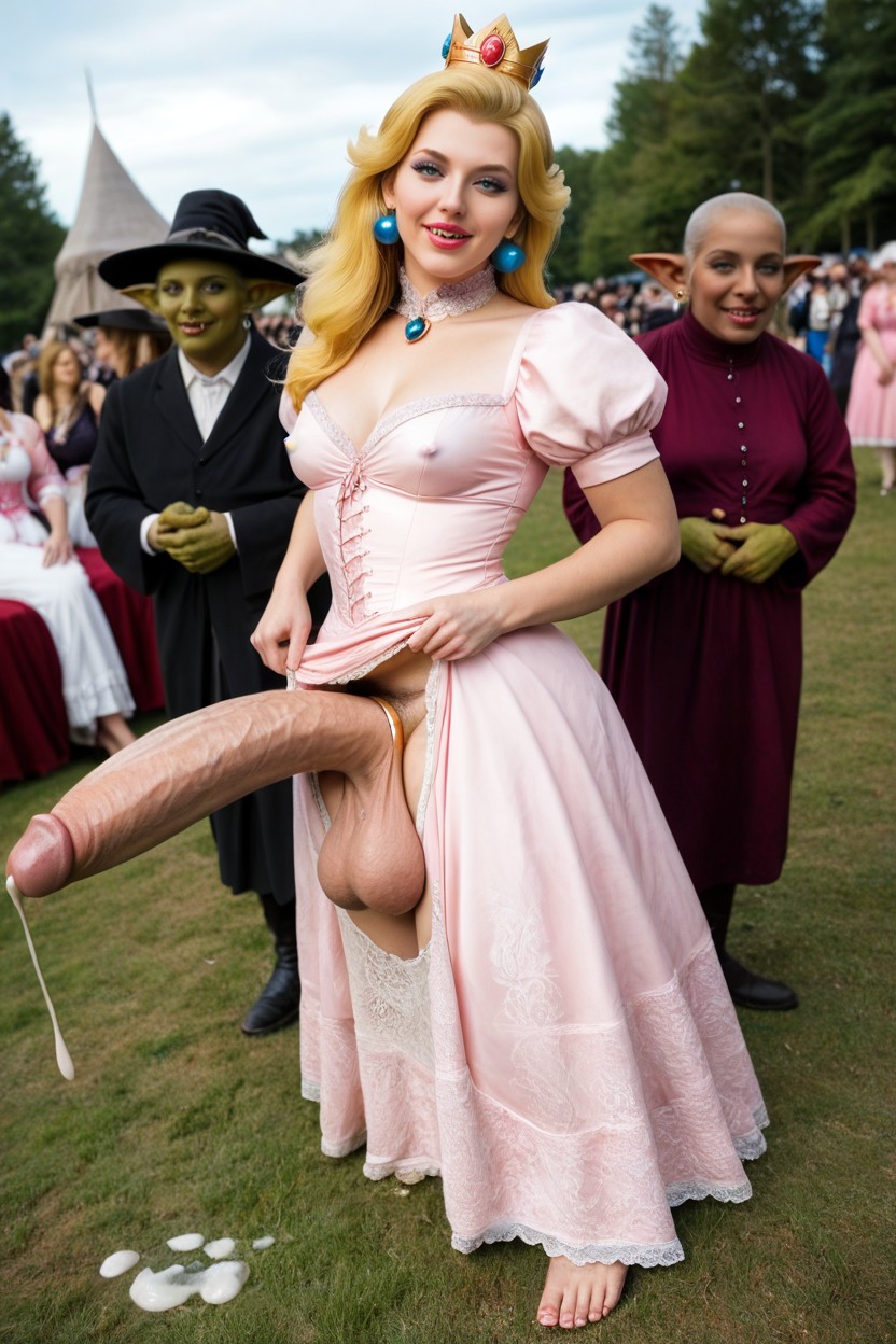 Princess Peach As A Goblin Futanari With Oiled Pale Skin Standing Straight, Depth Of Field, Front View Shemale AI Porn