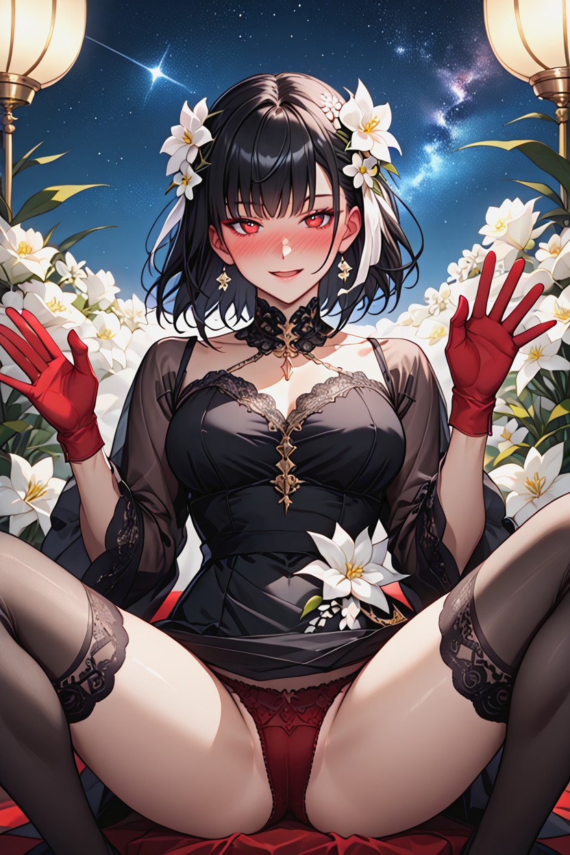 Sheer Black Stockings, White Flower In Hair, Detailed Eyes Hentai AI Porn