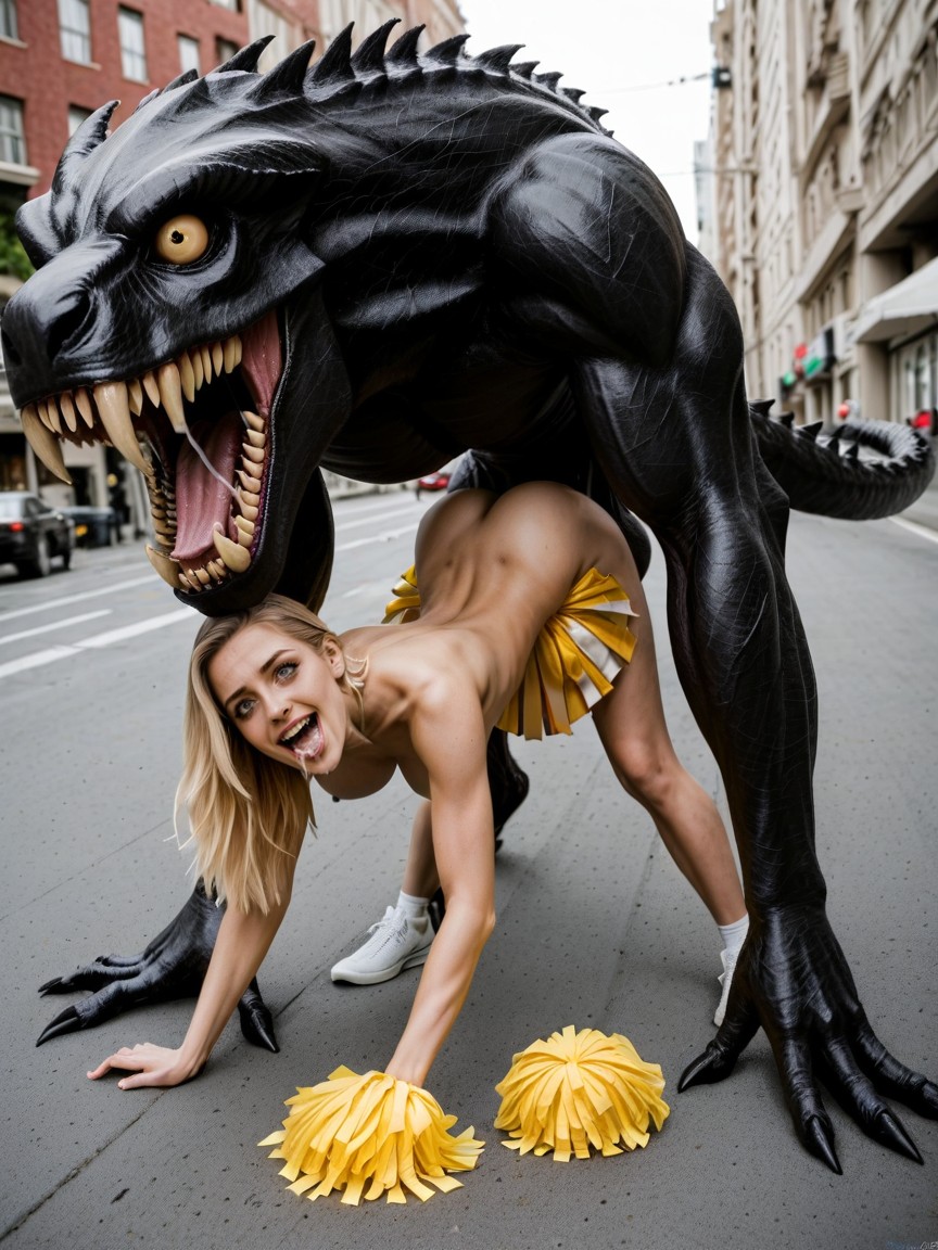 Luscious Beautiful Blonde Human Female Cheerleader, Excessive Saliva, Feralxferal AI Porn