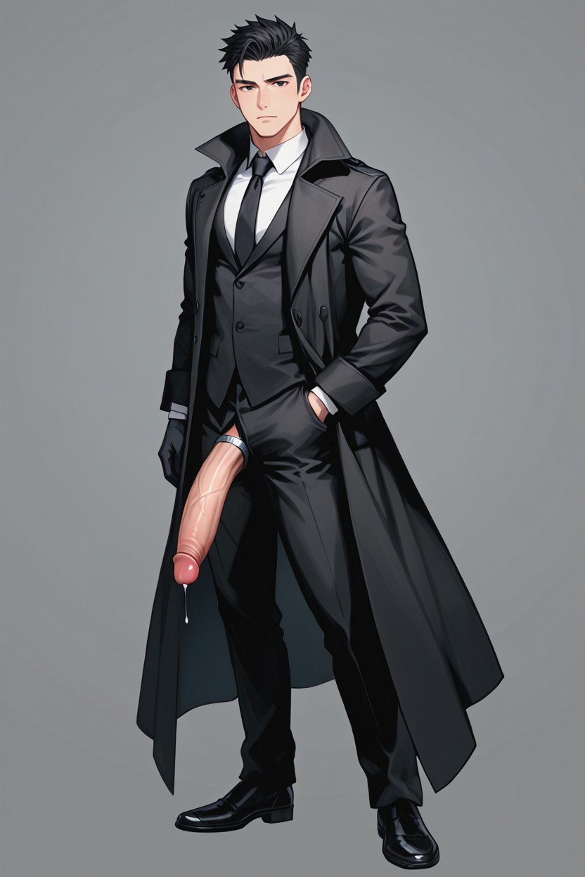 Black Trenchcoat With High Collar, Black Trenchcoat With High Collar, Silver Cock Ring AI同性恋黄片