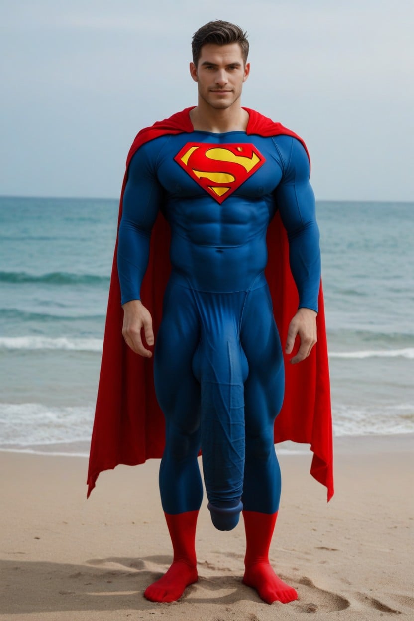 Safe For Work, Spandex Wet Look Superman Suit, Ultrarealistic Hyper Bulge Porno IA Gay