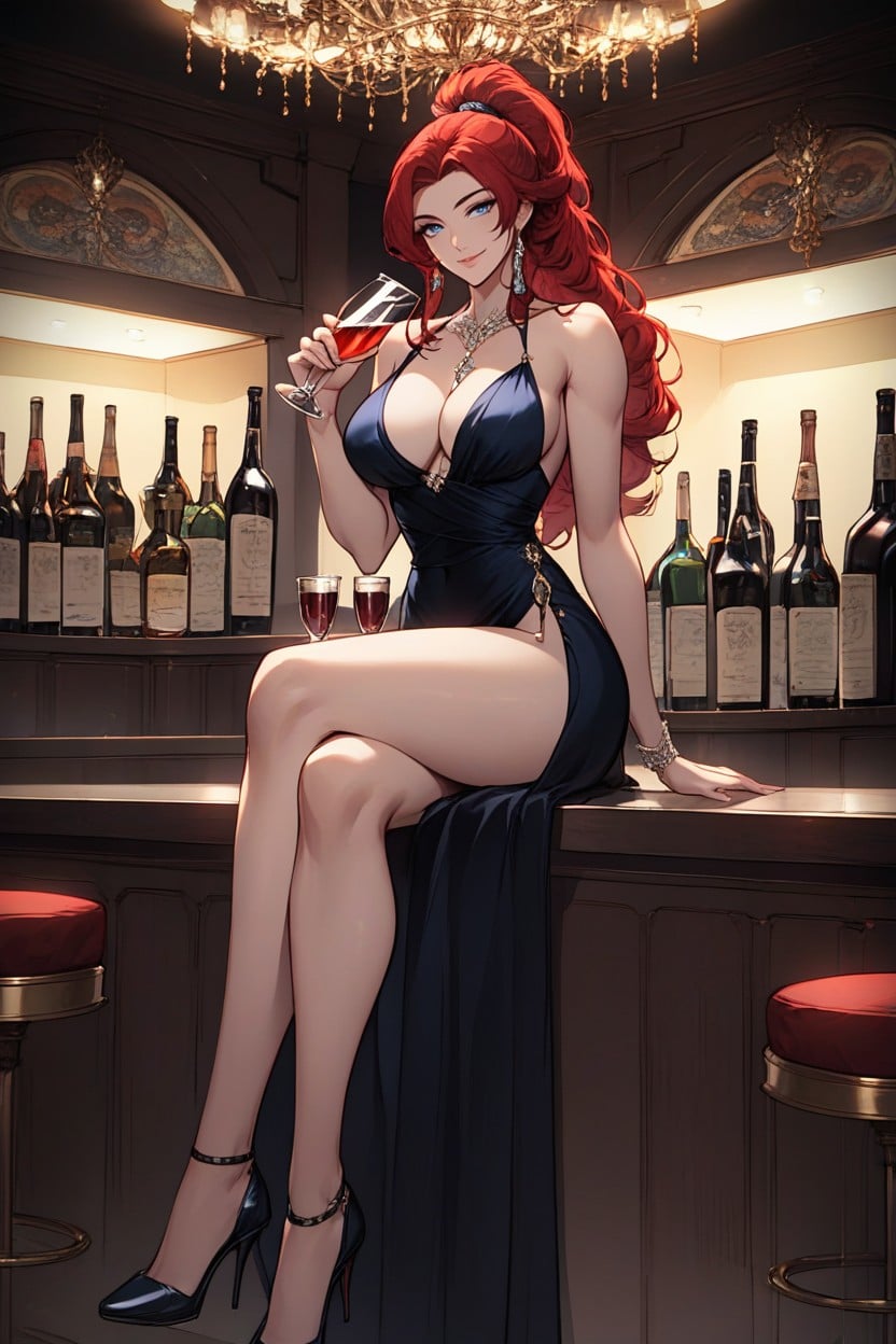 Elegant Woman, Sitting Cross-legged, Ponytail Hair Style Hentai AI Porn