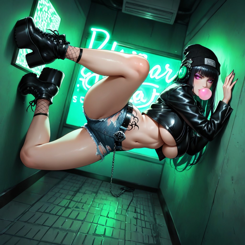 On Leg Up, Hip Tattoo, Cropped Black Leather Jacket Hentai AI Porn