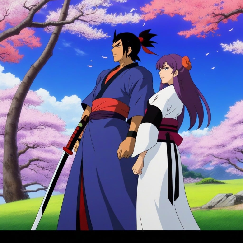 Hichika Yasuri And Togame Are Standing Next To A Large Blossom Tree, Original Katanagatari Art, Samurai Duel AI Porn