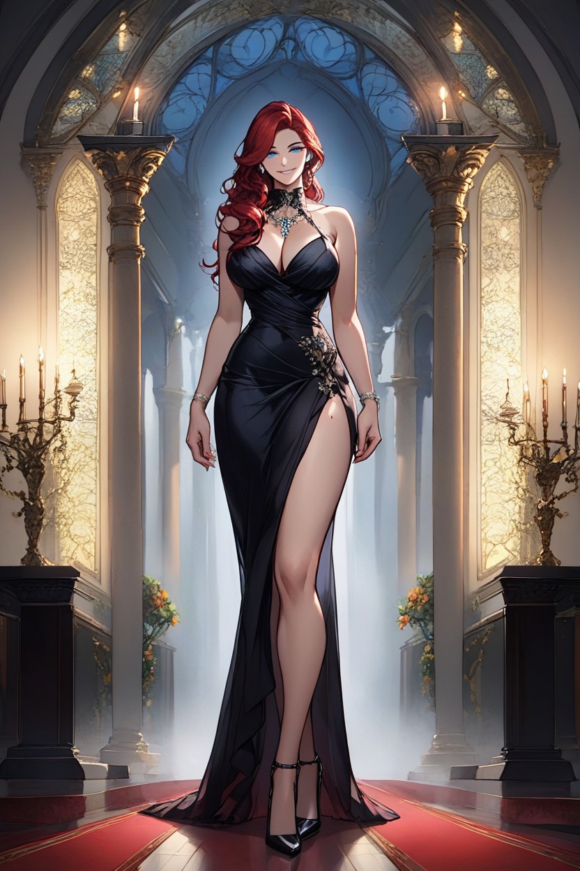 She Wears Her Hair In Soft Hollywood Waves, Rounded Breast, Red Hair Hentai AI Porn