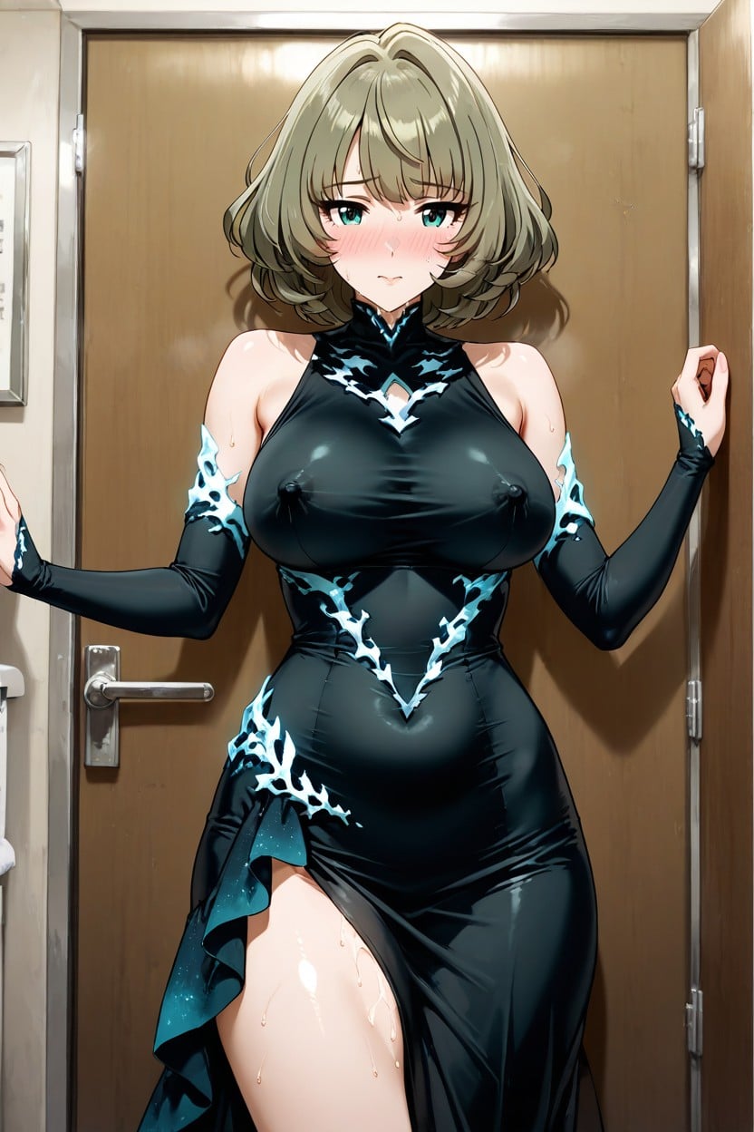 Sweat-drenched Skin, Low Angle, In Front Of The Restroom Door Hentai AI Porn