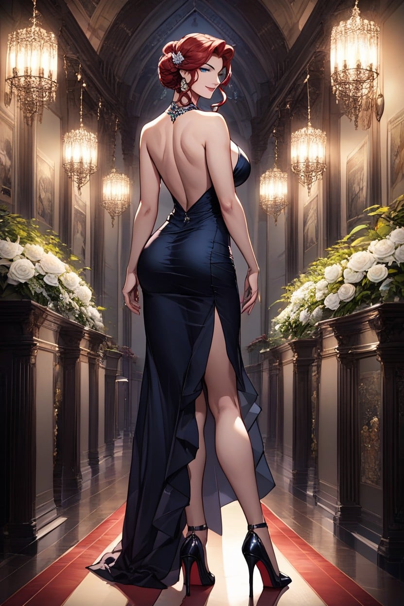 Wearing A Long Black Evening Gown, Looking At Viewer, Rear View Hentai AI Porn