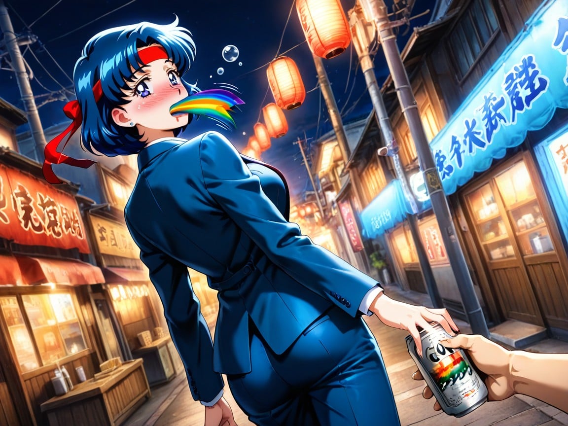 Deep Blue Hair, Izakaya Alley Backstreets, A Takeout Sushi Box On The Ground Hentai AI Porn