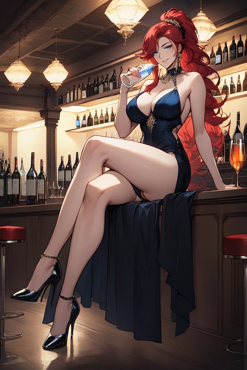 Bar, Sitting Cross-legged, And Subtle Waves With Layered Ends Hentai AI Porn