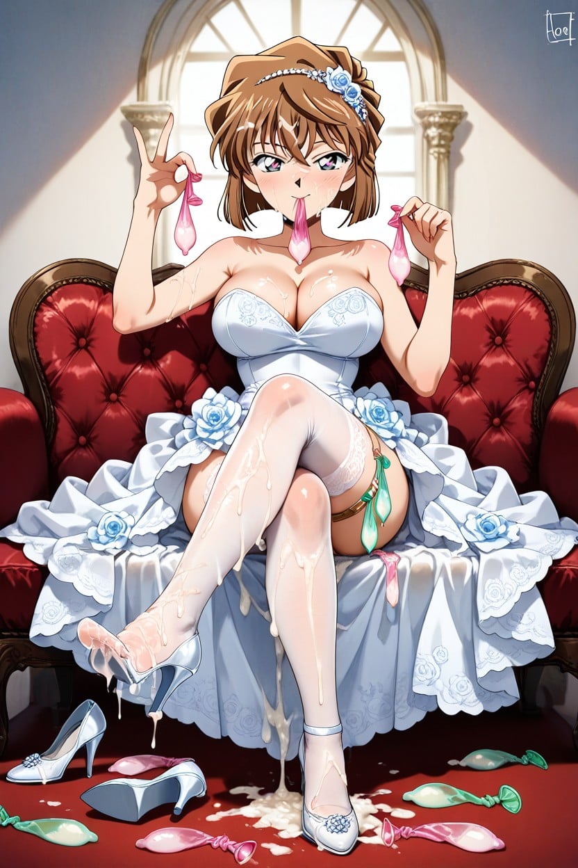 Excessive Cum, Floral Embroidered Wedding Dress With Lace Stockings And Clear Heels, Swallowing Semen Hentai AI Porn