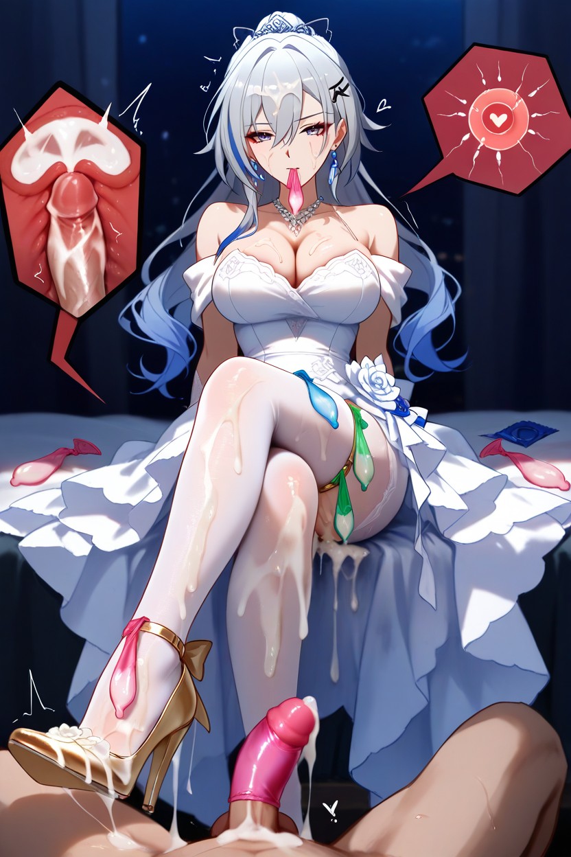Used Condom Thigh Ring, Used Condom Belt, Off-shoulder Wedding Dress With Shimmer Tights And Gold Heels Hentai AI Porn