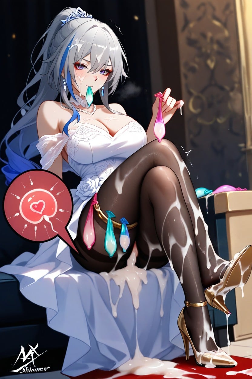 Off-shoulder Wedding Dress With Shimmer Tights And Gold Heels, A Lot Of Used Condom, Holding A Used Condom In Hands Hentai AI Porn