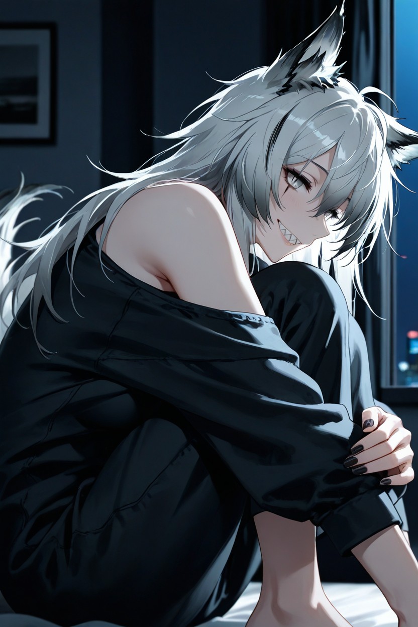 Knees Slightly Drawn Up, Fox Ears, Cinematic Shadows Hentai AI Porn