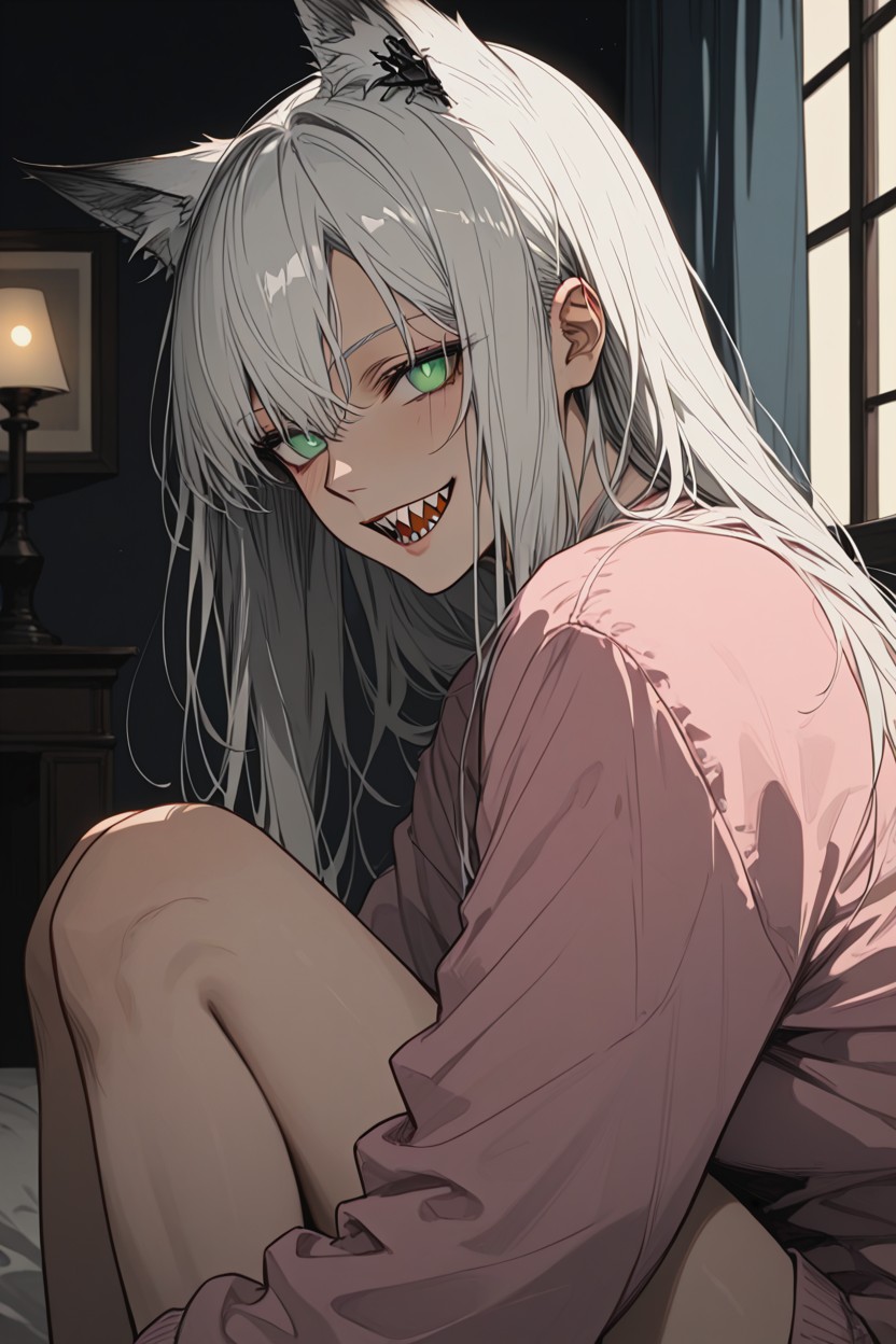 Soft Focus, Sharp Teeth Barely Visible, She Is Sitting On The Bed Hentai AI Porn