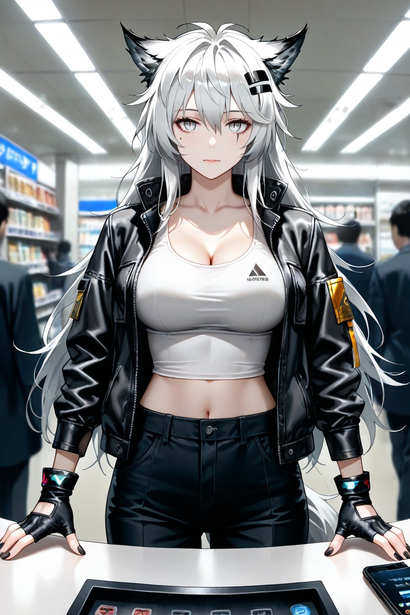 Tank Top, White Hair, Unbuttoned Black Jacket Hentai AI Porn
