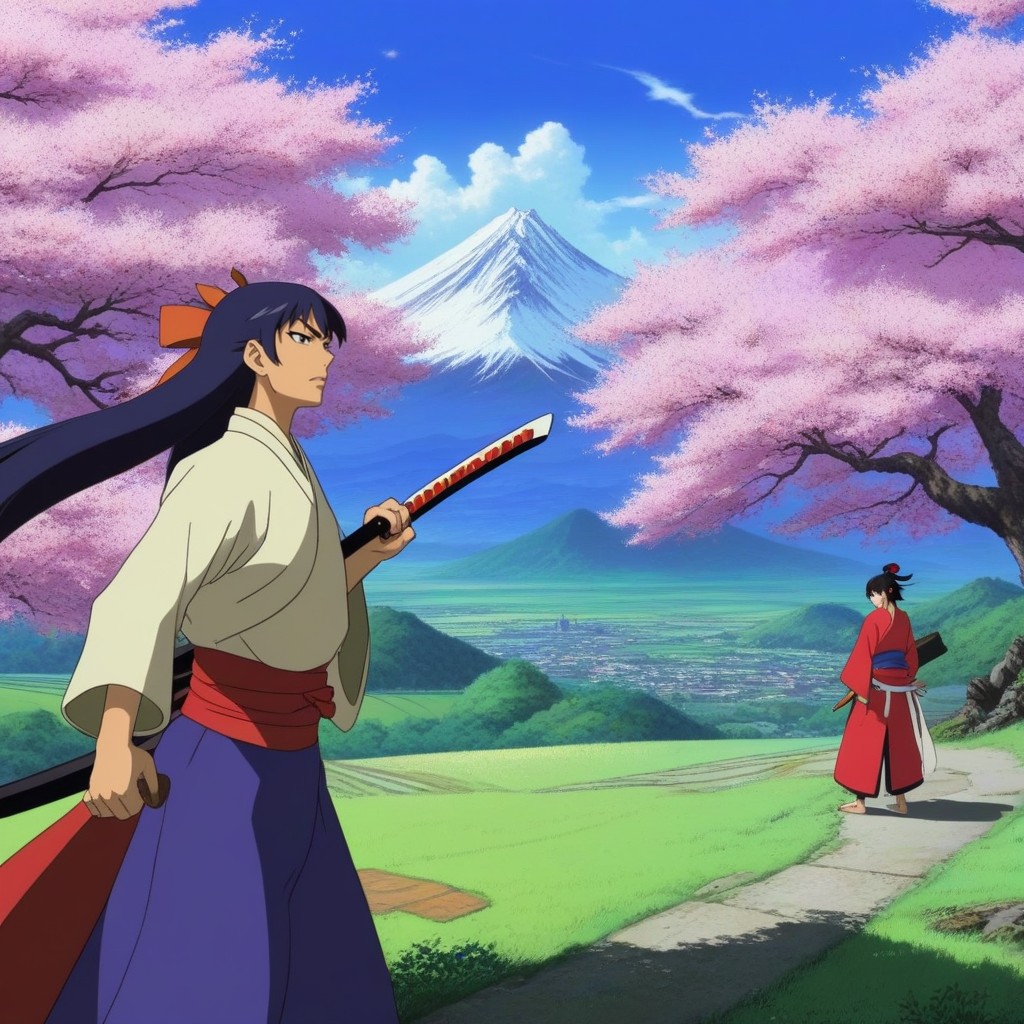Blossom Petals, Katanagatari Art Style, Two Samurais Clashing AI黄片