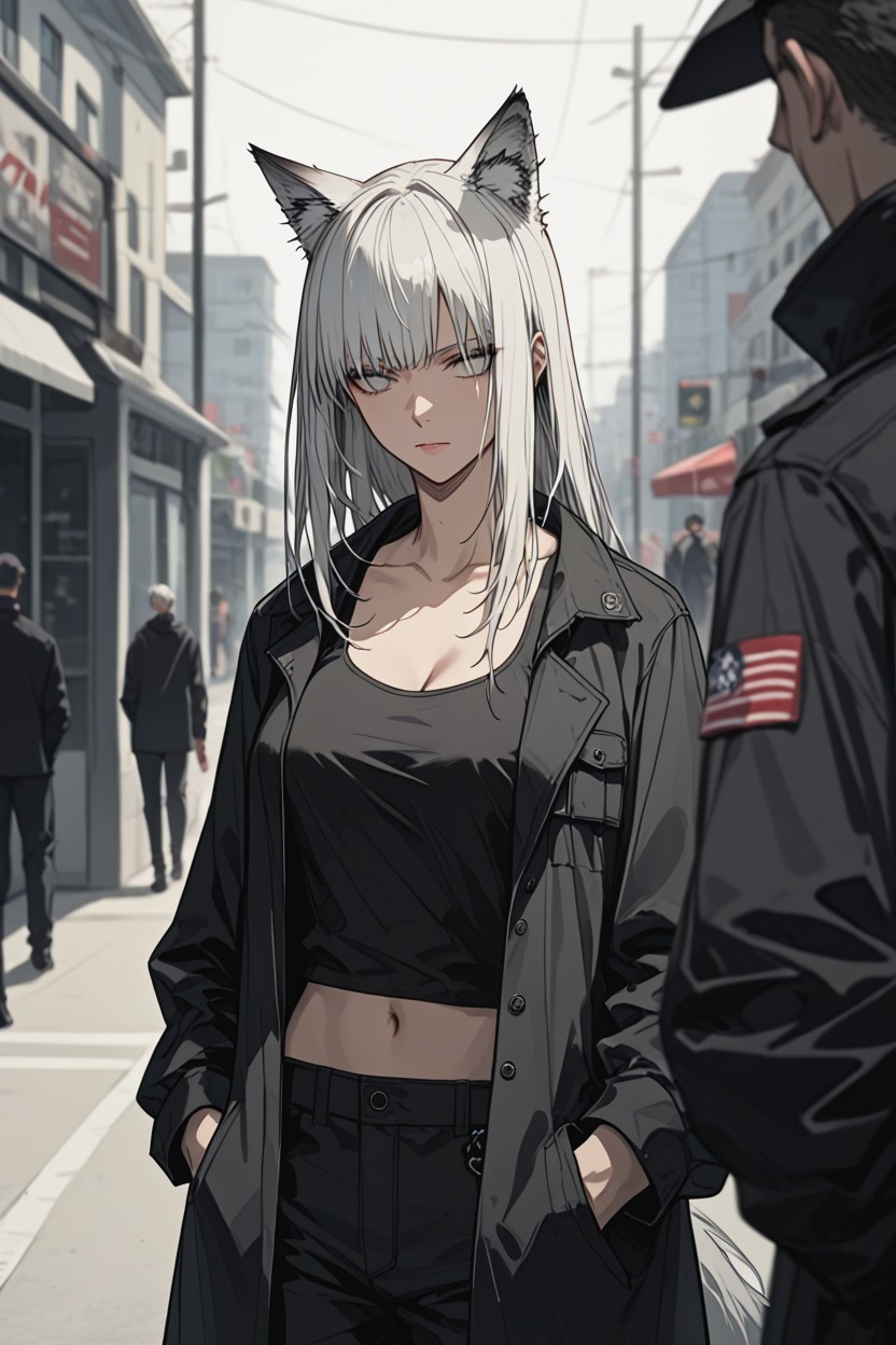 Grey Eyes, Fox Ears, Quiet Urban Atmosphere Hentai AI Porn