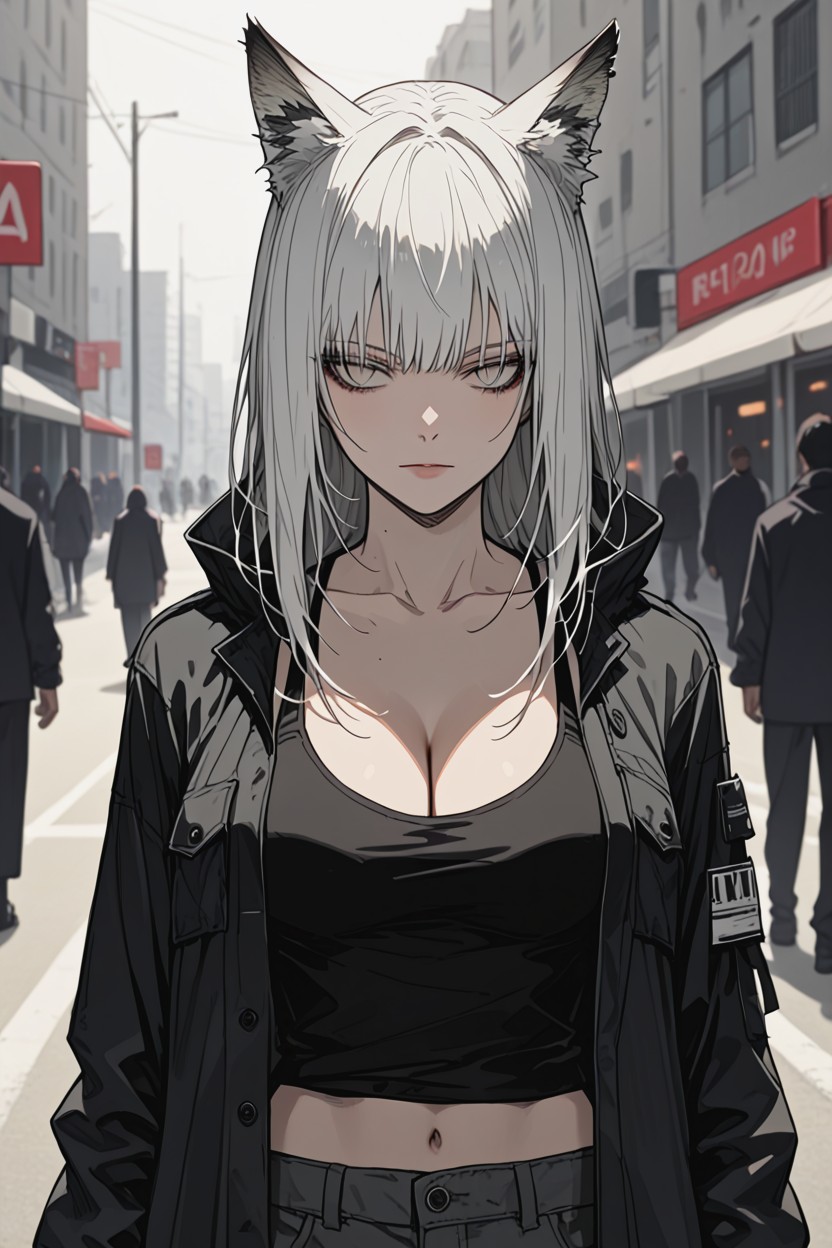 Quiet Urban Atmosphere, Bangs, She Slightly Turns Her Head Hentai AI Porn