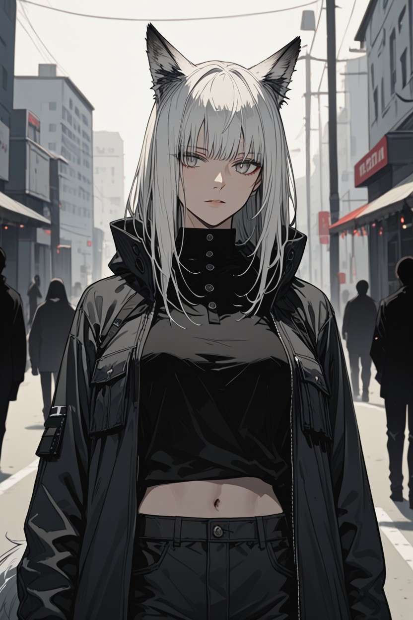 Unbuttoned Black Jacket, Tail, Foreground Sharp Hentai AI Porn